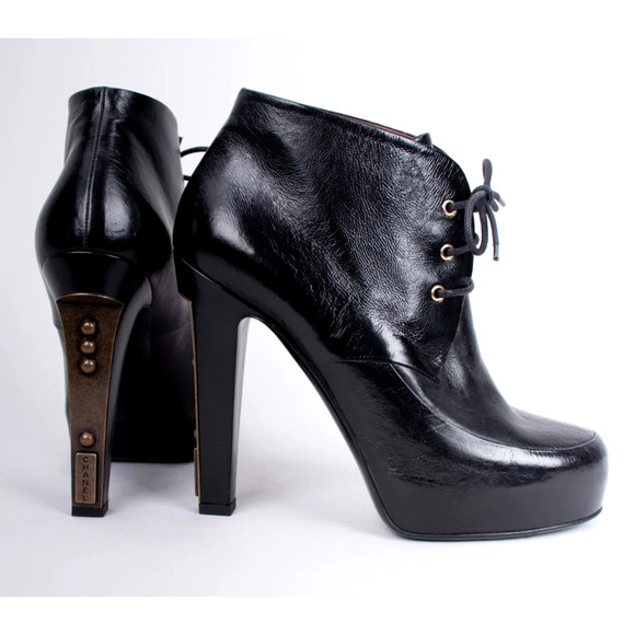 Chanel Womans 9 Platform Leather LOGO Heel Ankle Boots Lace Up Bronze Black EUC - Picture 1 of 15